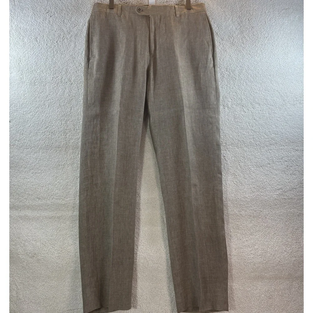 Joseph Abboud Heritage Pants Sz 32x32 Brown 100% Linen Leomaster Made In Italy